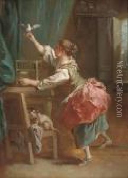 An Interior With A Girl Letting A Dove Out Of Its Cage Oil Painting - Francois Boucher