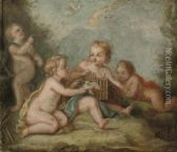 Putti Disporting With Doves Oil Painting - Francois Boucher
