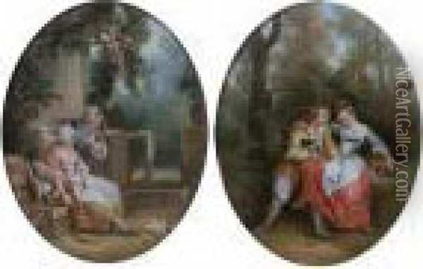Rural Lovers, A Pair, Ovals Oil Painting - Francois Boucher