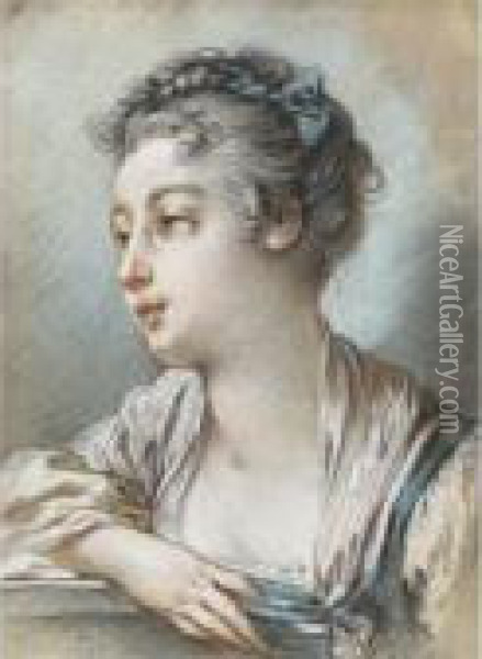 Study Of A Young Woman, Head And Shoulders, Looking To The Left Oil Painting - Francois Boucher