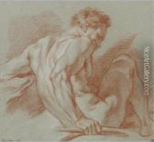 A Seated Male Academy Nude, Holding A Staff, Seen From The Side Oil Painting - Francois Boucher