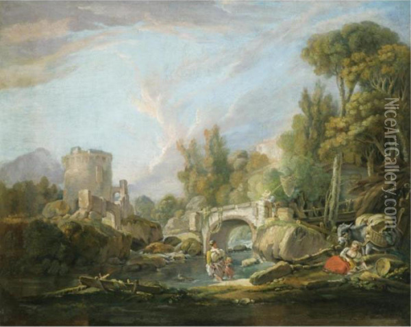 A Pastoral Landscape With 
Travellers Resting And Paddling In A Stream Before A Bridge, A Ruin 
Beyond Oil Painting - Francois Boucher