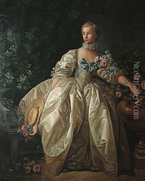 Portrait Of Madame Bergeret, 
Standing In A White Dress With Blue Bows And Holding A Straw Hat Oil Painting - Francois Boucher