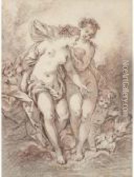 Two Nymphs With Putti And Doves Oil Painting - Francois Boucher
