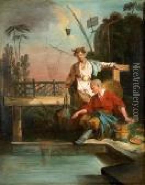 Oriental Figures By A Pond Oil Painting - Francois Boucher
