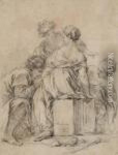 Three Figures Gesturing Around A Seated Woman Seen Frombehind Oil Painting - Francois Boucher
