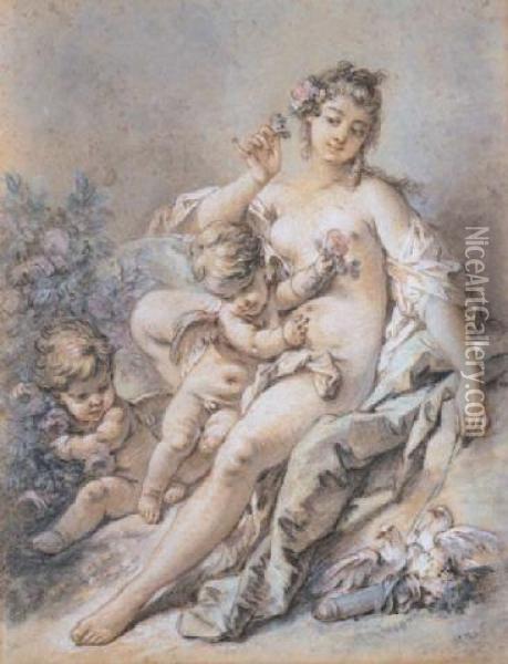 Venus Offered Roses By Two Cupids Oil Painting - Francois Boucher