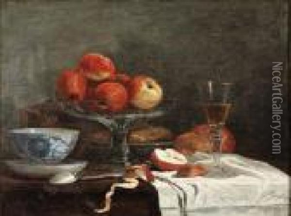 Nature Morte A La Pomme, Tasse, Cuillere Et Verre A Vin Oil Painting - Eugene Boudin