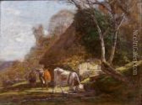Vaches Et Fermiere Pres D'une Chaumiere Oil Painting - Eugene Boudin