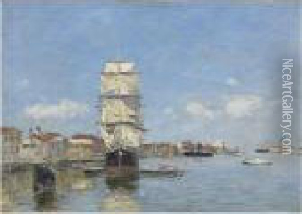 Venise. Navire A Quai. Canal De La Giudecca Oil Painting - Eugene Boudin