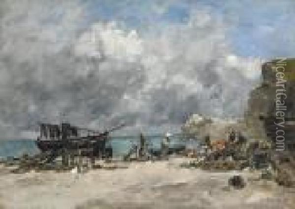 Etretat, Bateaux De Peche Et Pecheurs Sur La Plage Oil Painting - Eugene Boudin