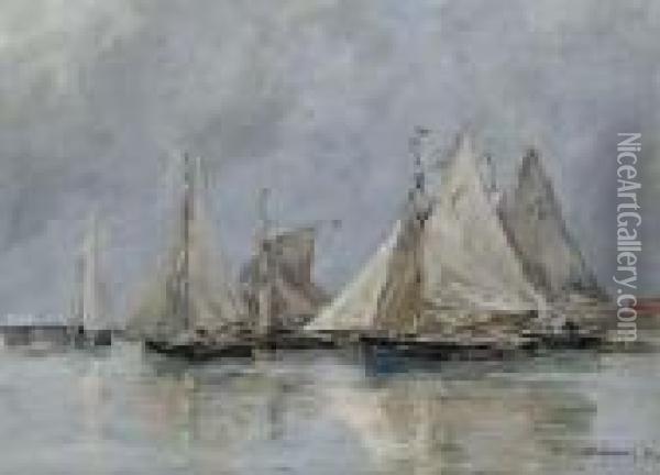 Barques De Peche A Trouville Oil Painting - Eugene Boudin