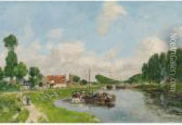 Saint-valery-sur-somme, Peniches Sur Le Canal Oil Painting - Eugene Boudin