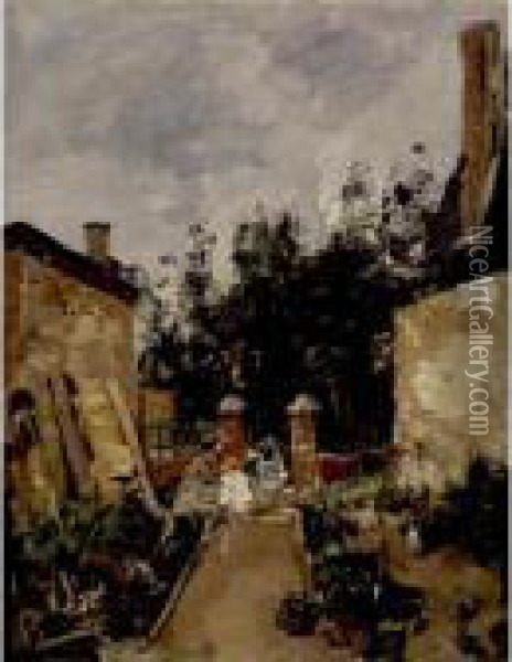 Madame S Avec Ses Enfants Dans Son Jardin A Trouville Oil Painting - Eugene Boudin