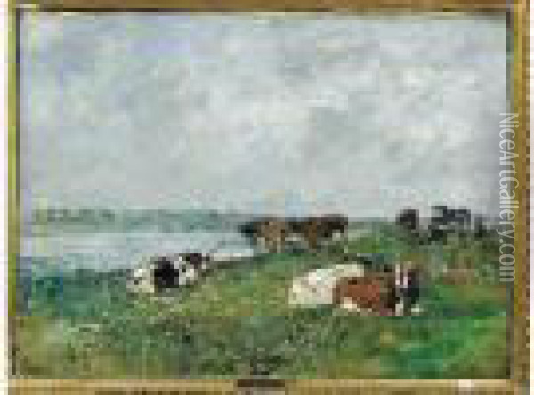 Troupeau De Vaches Au Bord De La Touques, Vers 1892-96. Huile Sur Toile Oil Painting - Eugene Boudin
