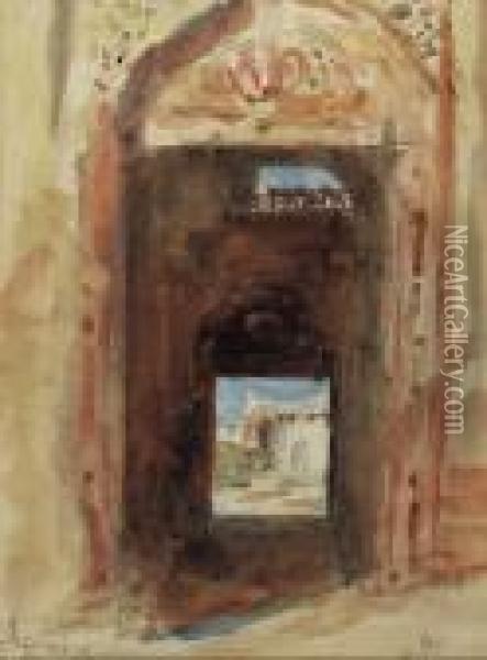 Secundra, India, Viewed Through An Archway Oil Painting - Hercules Brabazon Brabazon