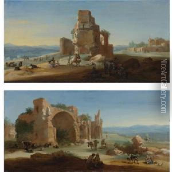 An Extensive Pastoral Landscape With Figures Resting Beneath Ancient Ruins Oil Painting - Bartholomeus Breenbergh