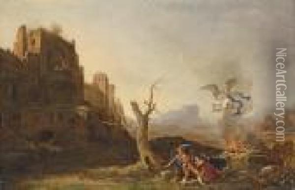 A Rocky Mountainous Landscape With The Sacrifice Of Manoah Oil Painting - Bartholomeus Breenbergh