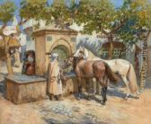 Horses Watering, Tunis Oil Painting - Frederick Arthur Bridgman