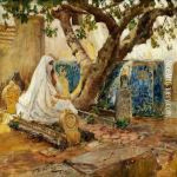 Arab Womanon A Cemetery In Algiers Oil Painting - Frederick Arthur Bridgman