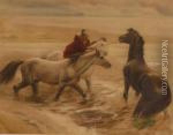 Native American And Horses On The Shore Oil Painting - Frederick Arthur Bridgman