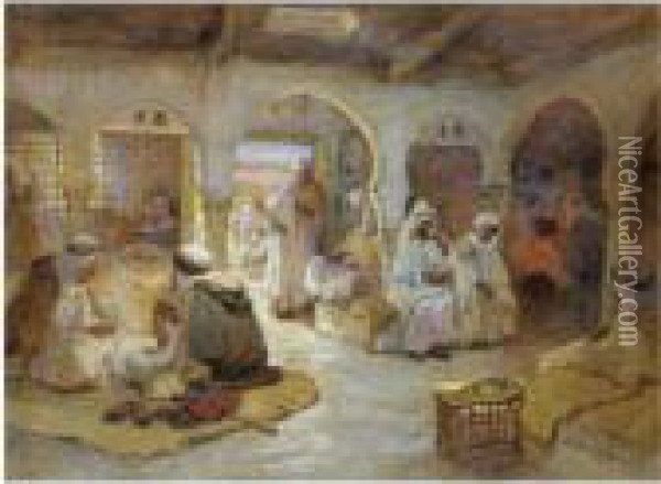 A Coffee House, Algeria Oil Painting - Frederick Arthur Bridgman