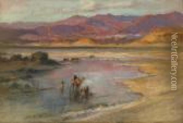 Crossing An Oasis, With The Atlas Mountains In The Distance, Morocco Oil Painting - Frederick Arthur Bridgman