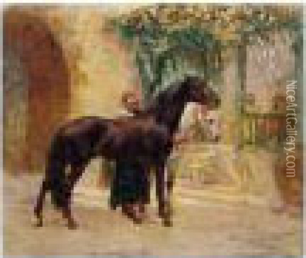 Barbary Horses At Cairo Oil Painting - Frederick Arthur Bridgman