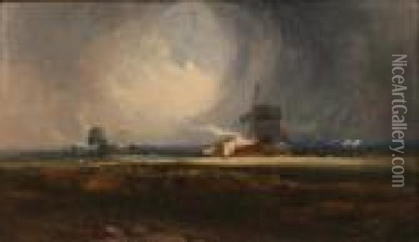 The Passing Storm, Heath Scene With Windmill Oil Painting - Henry Bright