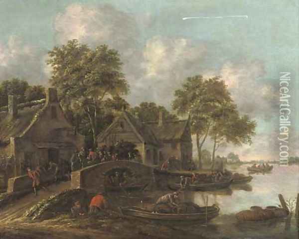 A river landscape with fishermen bringing in their catch and villagers conversing on a bridge Oil Painting - Thomas Heeremans