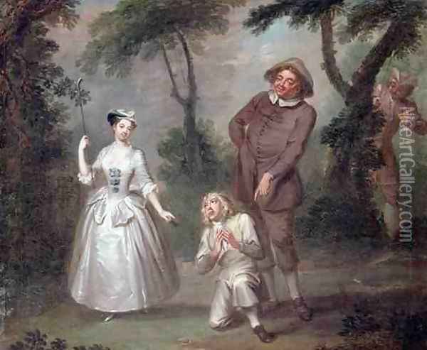 Peg Woffington as Rosalind with Celia and Touchstone in the Forest of Arden Oil Painting - Francis Hayman