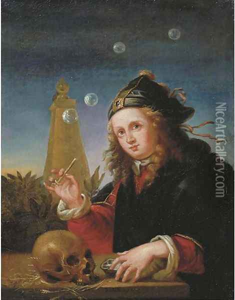 A young boy blowing soap bubbles Oil Painting - Reinier De La Haye
