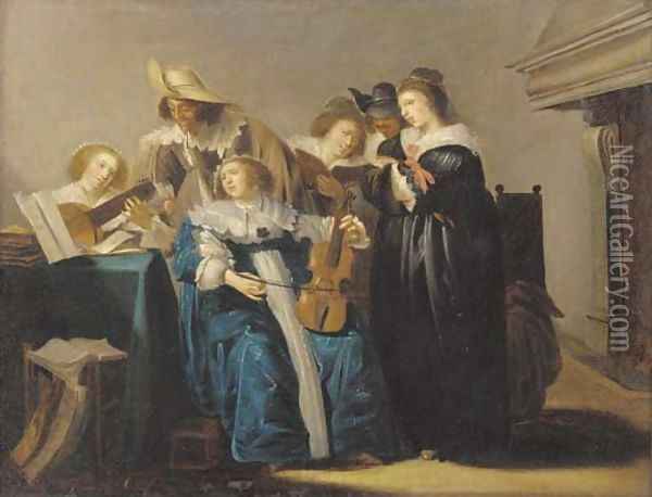 An elegant company making music in an interior Oil Painting - Dirck Hals