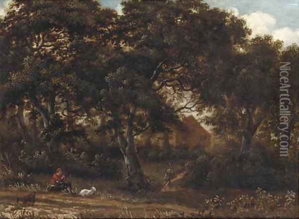 A wooded landscape with a herdsman playing a flute, a traveller on a path toward a house beyond Oil Painting - Meindert Hobbema