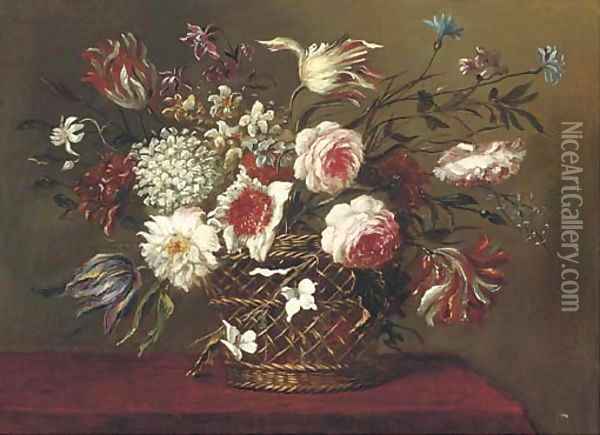 Parrot tulips, narcissi, roses and other flowers in a basket on a table Oil Painting - Pieter Hardime