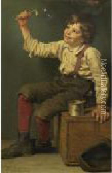 Boy Blowing Bubbles Oil Painting - John George Brown