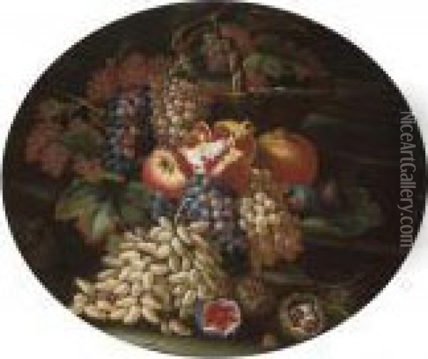 A Basket Of Grapes, Pomegranates, Figs And Chestnuts At The Base Of Classical Column Oil Painting - Abraham Brueghel