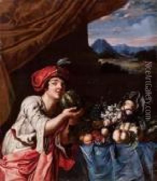 Natura Morta Di Frutta Con Figuravestita Alla Turca Oil Painting - Abraham Brueghel