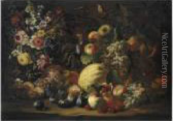 Natura Morta Di Frutta Con Vaso Di Fiori E Un Uccellino Oil Painting - Abraham Brueghel