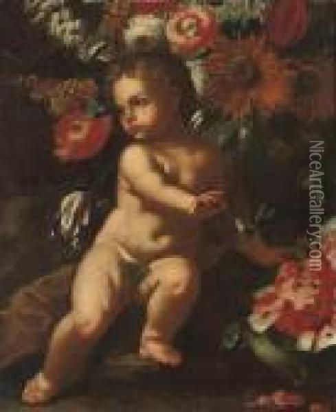 A Putto Surrounded By Flowers, By A Watermelon Oil Painting - Abraham Brueghel