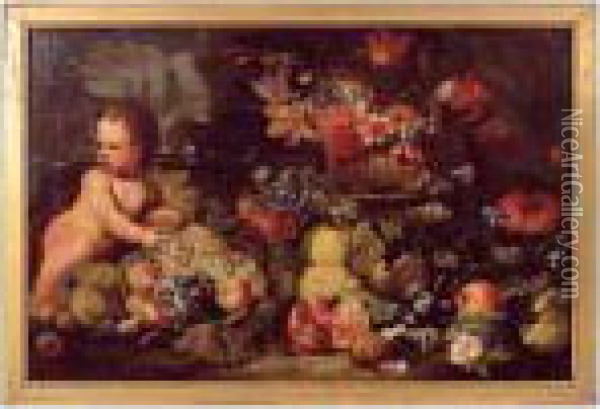 Nature Morte De Fruits Et Fleurs Avec Putto Oil Painting - Abraham Brueghel