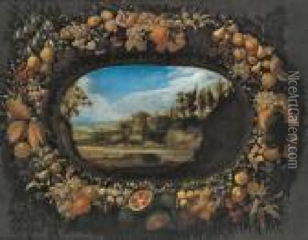 Paesaggio Meridionale Con Una 
Torre Visto Attraverso Una Finestra Ovale Circondata Da Una Corona Di 
Frutti Oil Painting - Abraham Brueghel