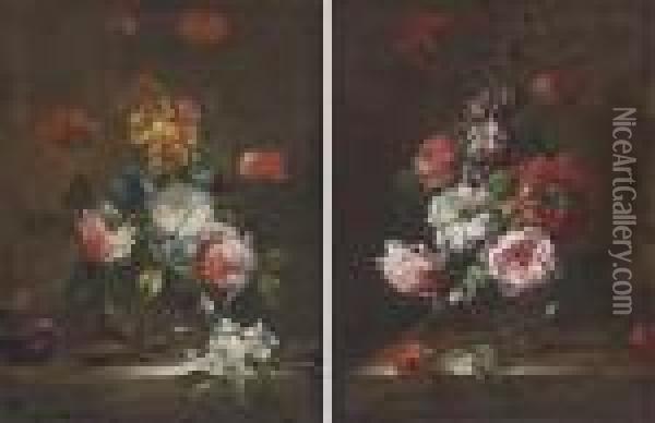 Poppies, Roses And Other Flowers
 In A Glass Vase On A Stone Ledge;and Marigolds, Roses And Other Flowers
 In A Glass Vase On A Stoneledge Oil Painting - Abraham Brueghel