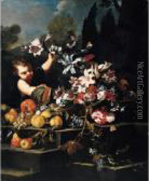 A Young Boy Arranging Flowers In
 An Urn With Peaches, Pears, Grapes, A Pomegranate And A Melon On A 
Stone Steps In A Garden Oil Painting - Abraham Brueghel
