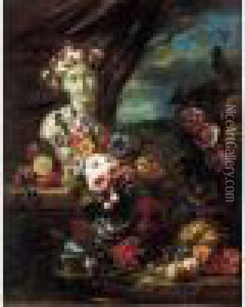 Nature Morte De Fruits Et De Fleurs Decorant Un Buste De Flore Dans Un Paysage Oil Painting - Abraham Brueghel