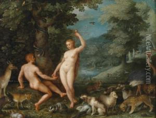 Paradise Landscape With Eve Tempting Adam Eve Oil Painting - Jan The Elder Brueghel