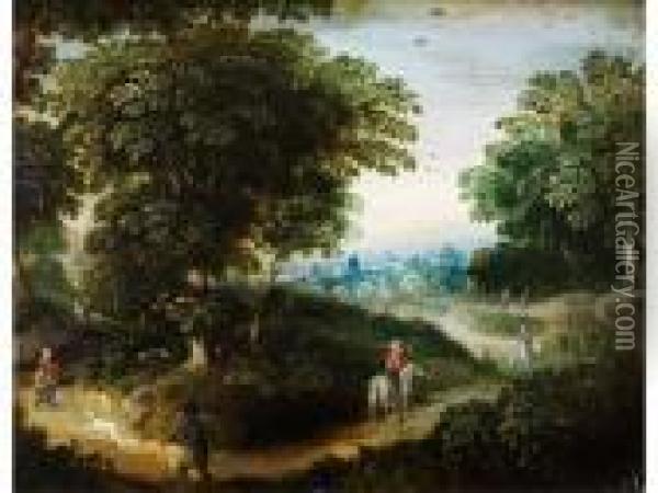 Waldlandschaft Mit Reitern, Passantenund Einem Hund Oil Painting - Jan The Elder Brueghel