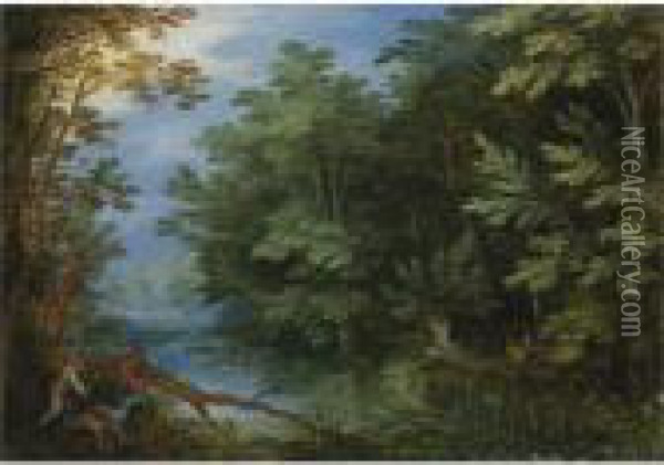 A Wooded River Landscape With Sportsmen Oil Painting - Jan The Elder Brueghel