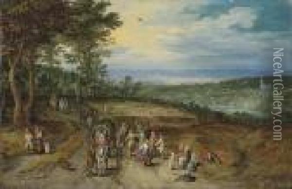 An Extensive Wooded Landscape 
With Travellers On A Track Andpeasants Dancing In The Foreground Oil Painting - Jan The Elder Brueghel