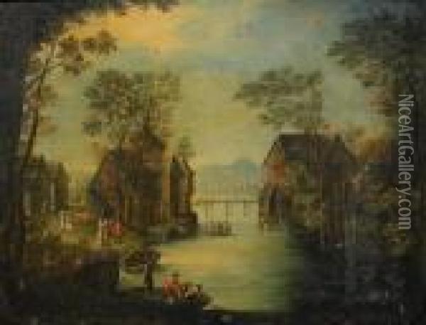 Stadsvy Med Fiskande Bonder Oil Painting - Jan The Elder Brueghel